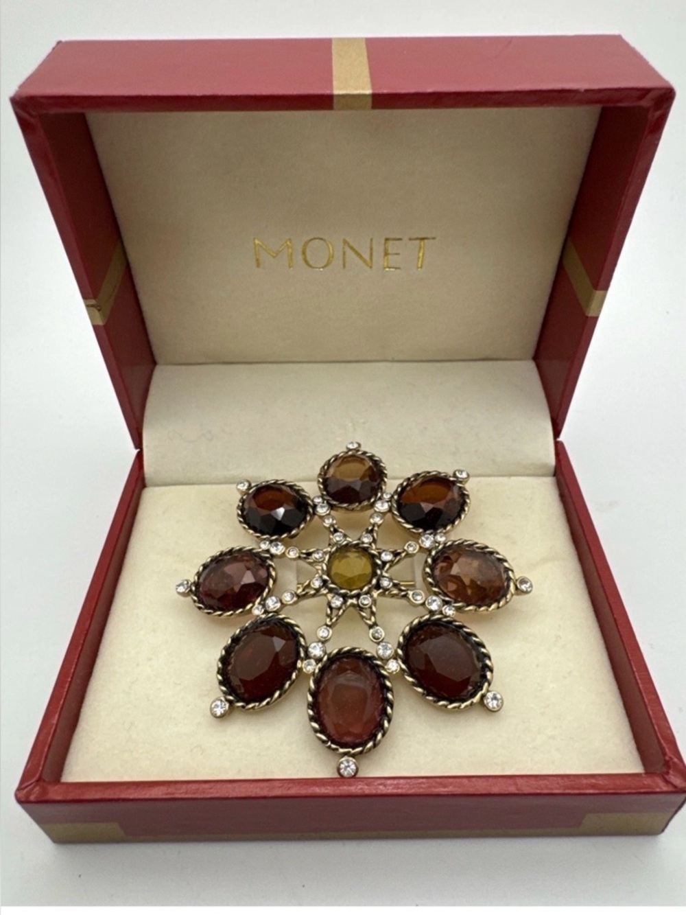 Monet Gold-Tone Brooch with Brown and Amber Stones